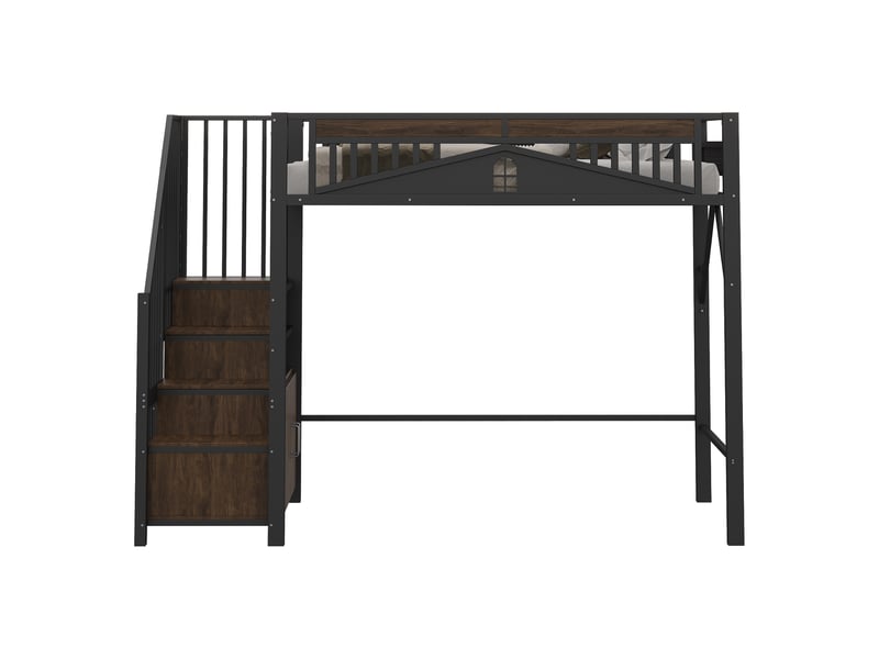  Lit mezzanine avec enceinte sécurisée et fenêtre, métal noir, 90x200 cm, échelle avec casier  - Conforama A