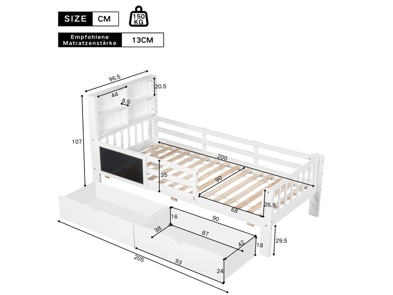  Lit enfant 90x200 avec tiroirs de rangement et tableau noir - bois massif blanc  - Conforama C