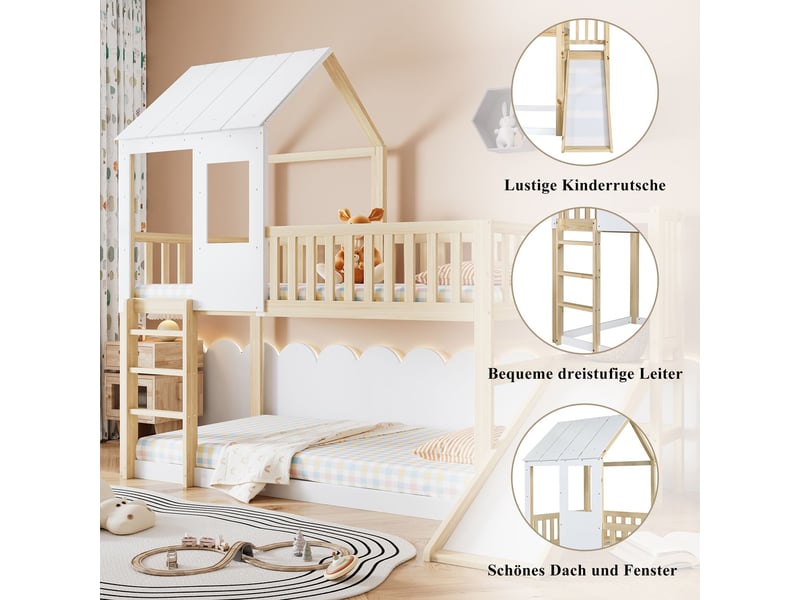 Lit superposé enfant 90x200, haute sécurité lit superposé cabane, toboggan intégré, échelle sécurisée - Conforama E