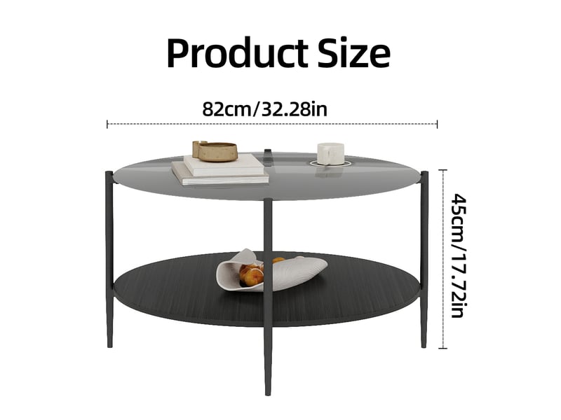 Table basse ronde moderne, avec 2 niveaux et plateau en verre fumé, pour salon, verre, fer, bois, noir  - Conforama E