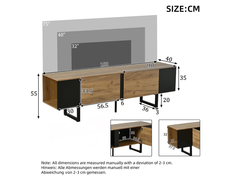  Banc tv 180x40x55 cm – bois naturel et noir – rangement fermé et ouvert pour téléviseur jusqu'à 75 pouces  - Conforama C