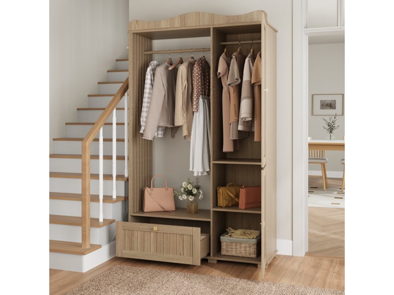  Armoire ouverte avec miroir, 2 portes, tiroirs et penderie à fermeture silencieuse pour chambre, mdf couleur chêne  - Conforama C