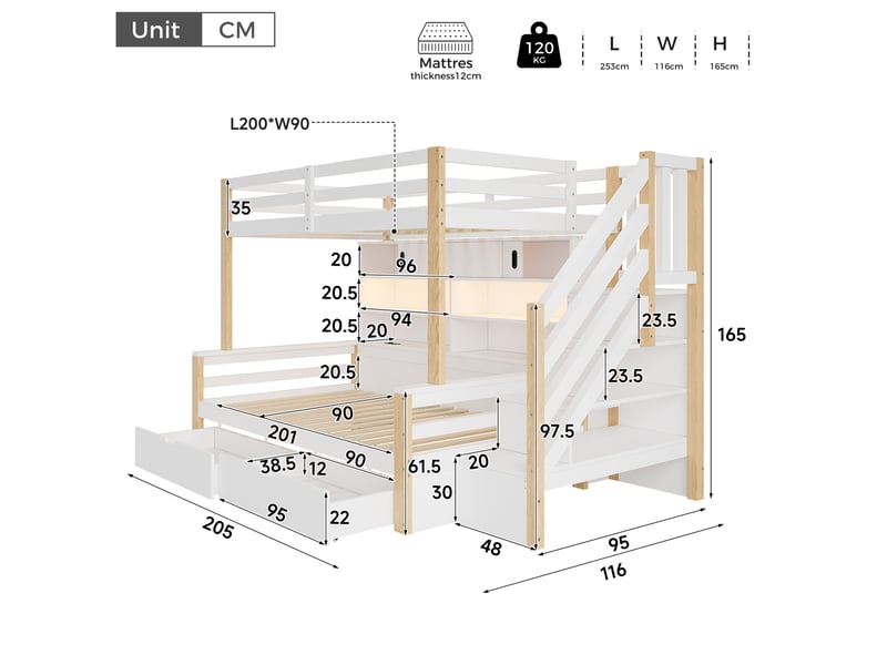 Lits superposés modenvie enfant 2 x 90 x 200 cm avec rangement led usb blanc et bois naturel - Conforama C