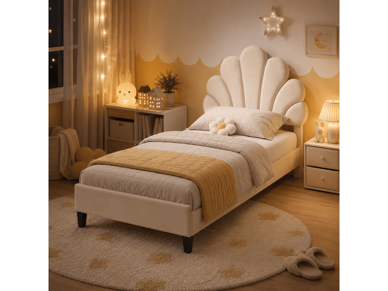  Lit enfant rembourré 90x200, lit simple avec tête de lit en forme de fleur et sommier à lattes, lits 1 personne pour fille adolescent, velours, sans matelas, beige  - Conforama B
