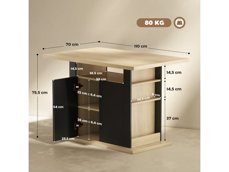 Table à manger ilot central cuisine avec grand plan de travail 4 personnes placard 4 portes noir 110 x 70 x 75,5 cm  - Conforama C