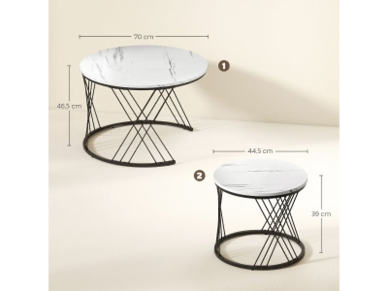  Lot de 2 tables basses gigognes rondes, plateau effet marbre blanc, structure en métal géométrique, 70 cm  - Conforama C