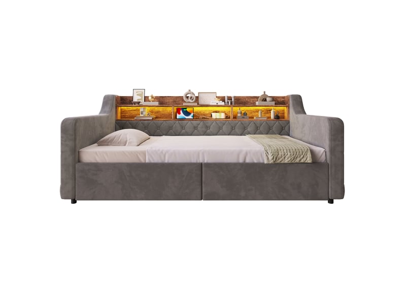 Lit 90 × 190 cm en velours gris foncé, led, usb-c et 2 tiroirs IKSETERA TRADING LTD - Conforama E