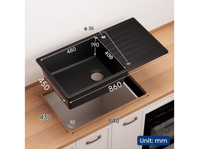  Cecipa max évier en granit 86x45cm - évier de cuisine noir - avec égouttoir et panier égouttoir - siphon et crépine inclus  - Conforama B