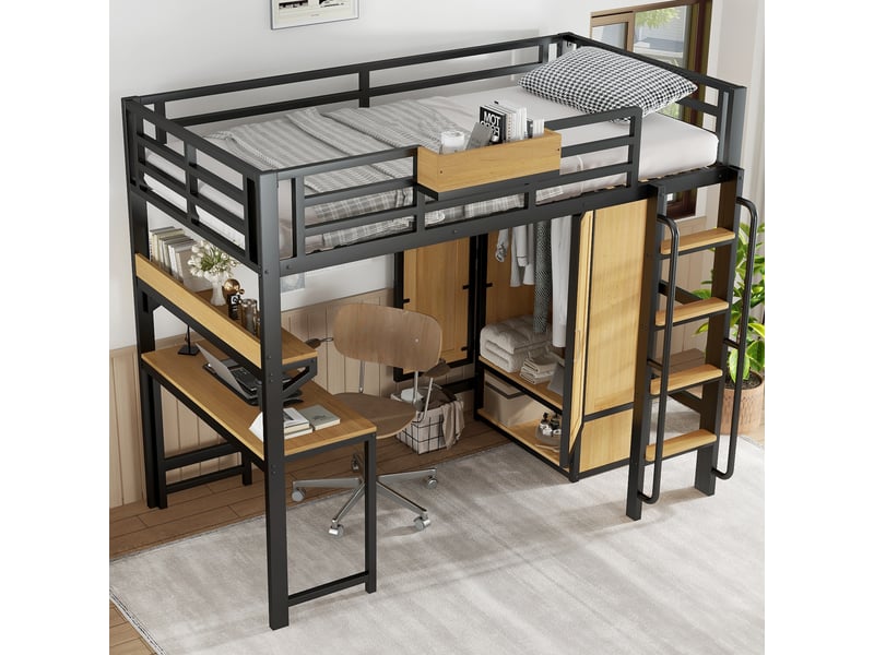  Lit mezzanine enfant 200×90 cm avec armoire, bureau, escalier à mains courantes et rangements, sans matelas  - Conforama C