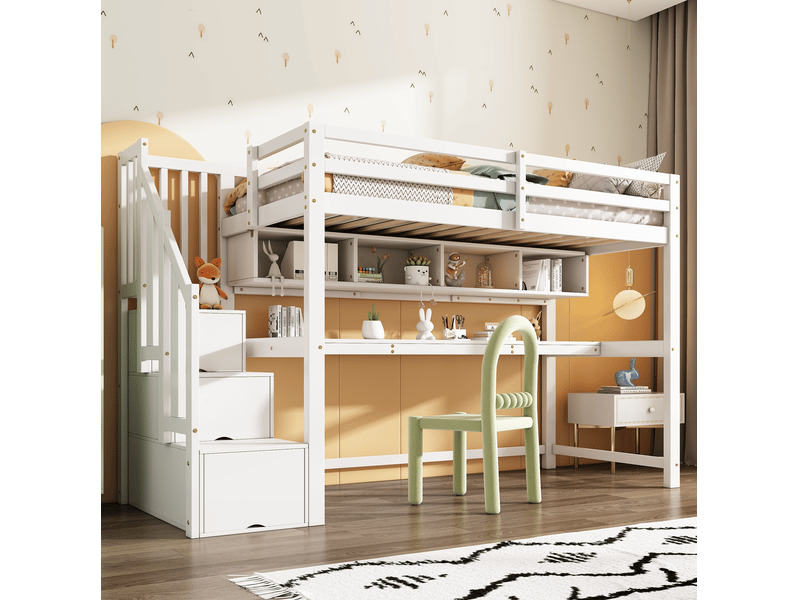  Modenvie lit mezzanine enfant 90x200 cm - avec escalier de rangement, bureau et étagères - blanc  - Conforama B