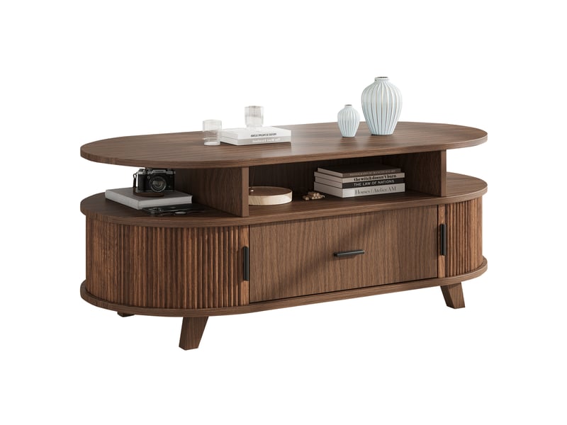 Table basse ovale avec 1 tiroir, 2 portes à rideau et 3 niches ouvertes pour salon, en mdf, finition noyer - Conforama A