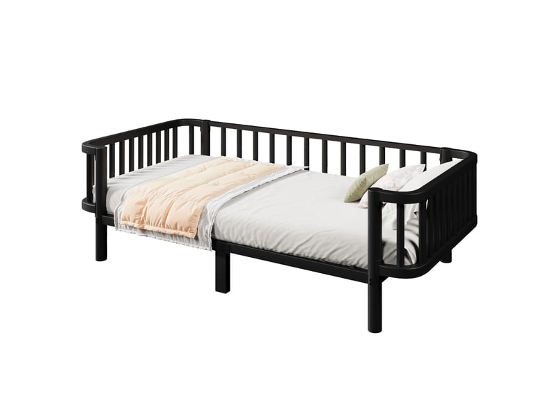Lit simple 90 × 200 cm banquette en métal, sommier à lattes et cadre à trois côtés, noir, chambre 209 × 98 × 57 cm - Conforama A