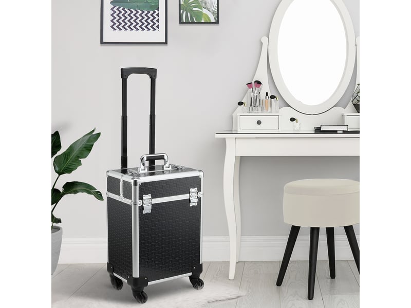  Mallette de maquillage professionnelle à roulettes avec poignée, 2 plateaux, compartiment inférieur, noire  - Conforama D