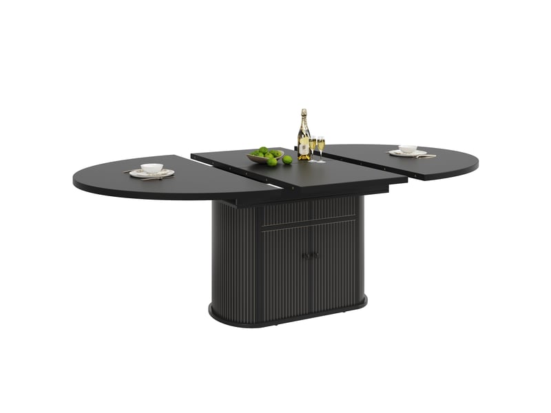 Table à manger extensible 118-158x118 cm pour 4 à 6 personnes, rangement intégré 2 portes, étagères réglables, pied central rainuré, mdf noir - Conforama A