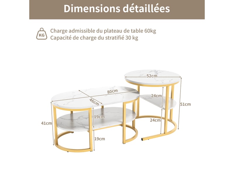  Table basse ronde gigogne 2 niveaux avec rangement, pour salon, plateau effet marbre en mdf, structure en métal doré  - Conforama C
