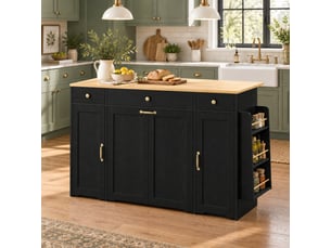 Îlot de cuisine 136x65x90cm avec 2 portes, 3 tiroirs et plateau effet bois, noir