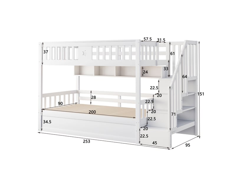  Lit superposé enfant 2 places 90x200 cm avec rangement hydraulique sous lit, escalier de rangement, étagères, garde-corps, pin massif blanc  - Conforama D
