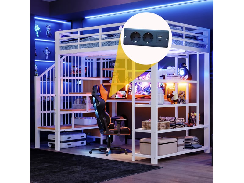  Lit mezzanine 140x200 cm – blanc – bureau avec étagères, escalier de rangement, led et prises – sans matelas  - Conforama E