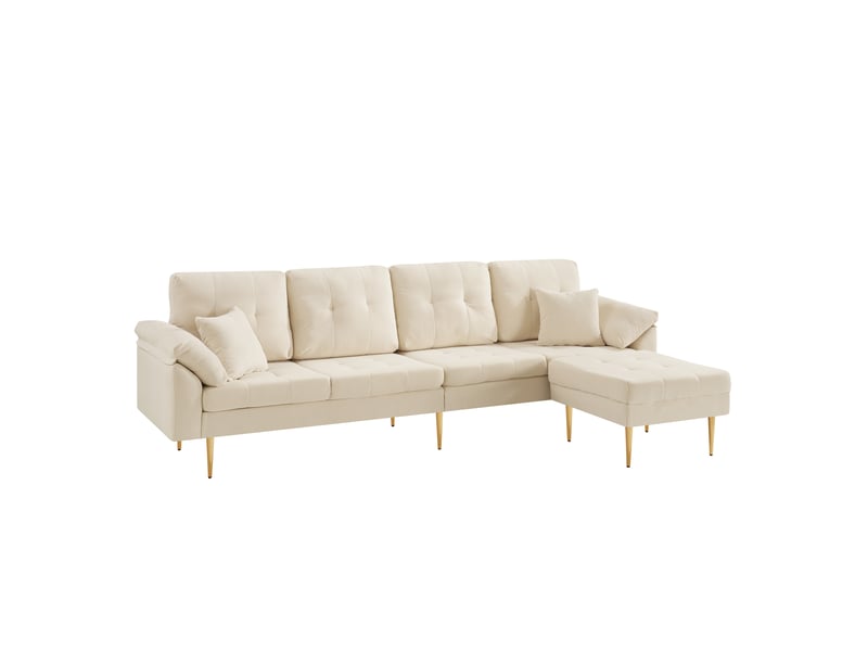 Canapé droit 4 places avec pouf, angle modulable, pieds en fer, velours côtelé beige clair, 250 × 70 × 87 cm - Conforama A