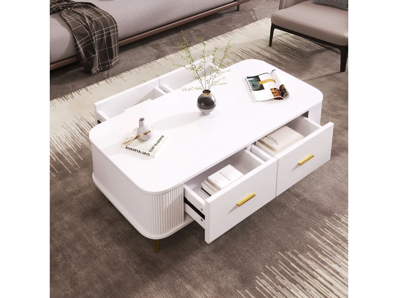  Table basse salon, plateau blanc doré, rangement intégré, design arrondi sécuritaire, structure métal or  - Conforama D