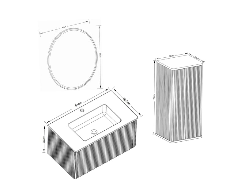  Ensemble meuble de salle de bains 80 cm avec lavabo, miroir led et meuble latéral en mdf coloris chêne  - Conforama E