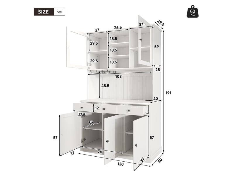 Buffet haut 120x40x191 cm avec portes vitrées, porte-verres, tiroir et rangement réglable, prises usb-c et usb-a, blanc OMNIGLINT TRADING LTD - Conforama C