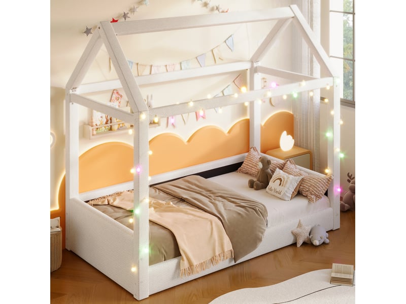  Lit cabane enfant 90x200 cm design minimaliste moderne, led multicolore, structure mdf recouvert lin, beige sans matelas  - Conforama D