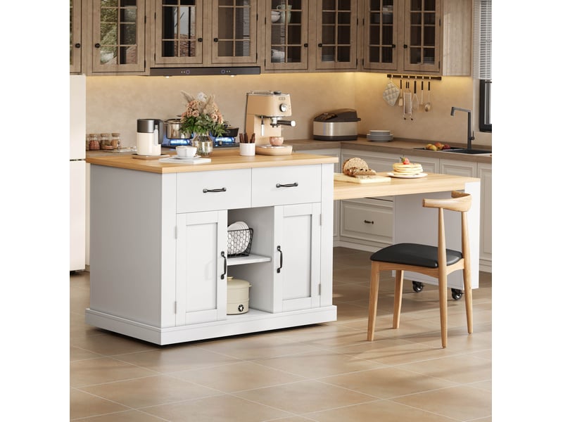  Îlot de cuisine mobile avec table extensible jusqu'à 235 cm, blanc et effet chêne  - Conforama C