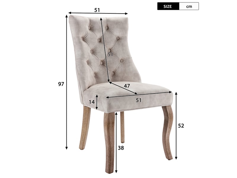  Lot de 2 chaises de salle à manger 51 x 47 x 97 cm beige clair velours, dossier haut capitonné, pieds en bois  - Conforama C