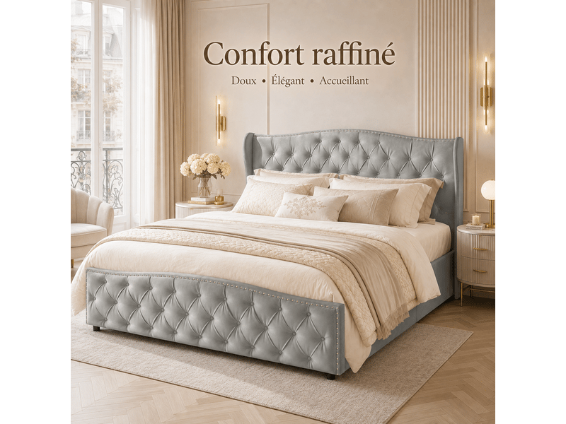  Lit coffre double 160 x 200 cm en velours, lit rembourré avec de rangement hydraulique, lit double avec sommier à lattes et tete de lit capitonné, décor avec boutons,2 personnes, sommier à lattes, chambre adulteado, cadre de lit…  - Conforama W