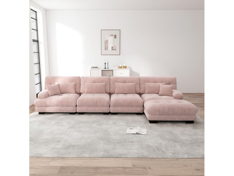  Canapé d'angle modulable 4 places en tissu rose avec ottomans mobiles, composition l ou droite pour salon  - Conforama B
