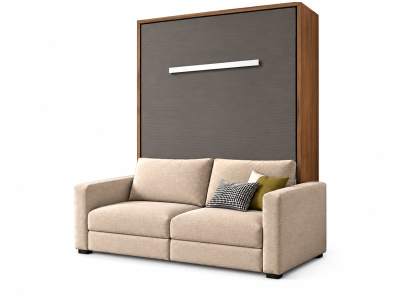  Lit escamotable vertical kimber avec canapé tissu intégré – le salon le jour, un vrai lit la nuit-140x190-cadre noyer-façade anthracite-canapé beige  - Conforama A