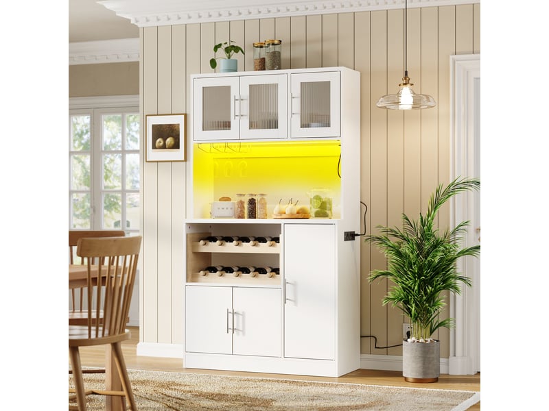  Meuble de cuisine muvano blanc, buffet haut avec portes en verre strié et éclairage rgb  - Conforama C