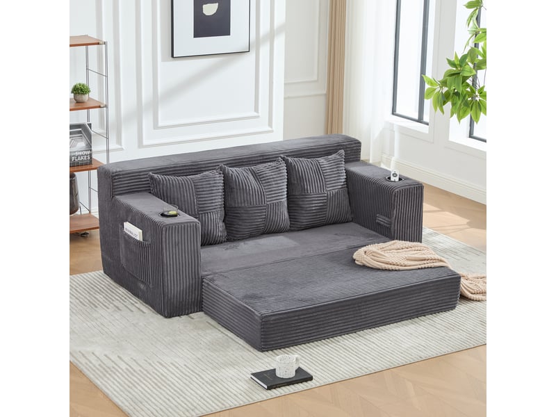  Canapé 2 places convertible en velours côtelé, porte-gobelets, poches latérales, modulaire sans montage  - Conforama B