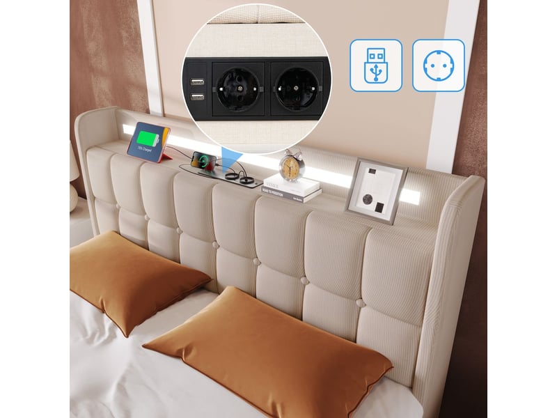Lit avec tiroirs lit rembourré recharge usb tête de lit et éclairage led et 4 tiroirs lit double 180x200 cm lits de rangement beige  - Conforama D