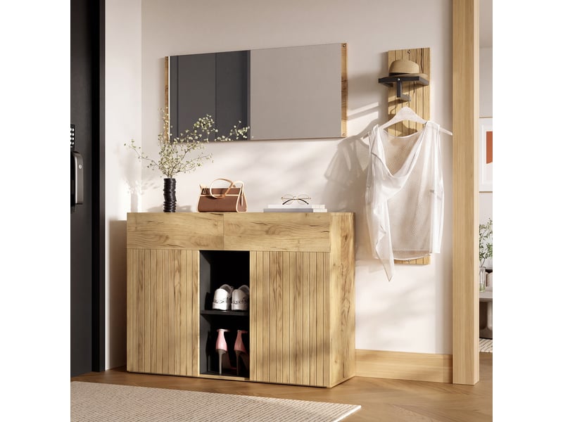  Ensemble vestiaire d'entrée 125x35x178cm - avec miroir et meuble à chaussures - avec cintre - naturel + noir  - Conforama E