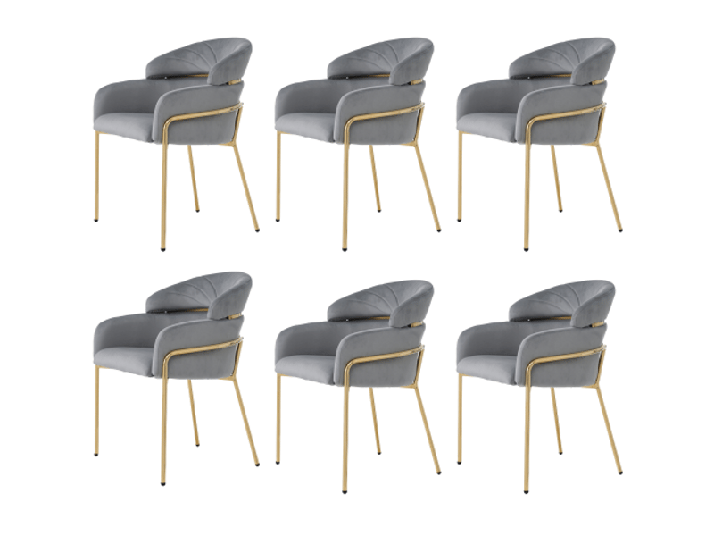 Lot de 6 chaise de salle à manger en velours gris avec 4 pieds en métal doré, dossier large - Conforama A