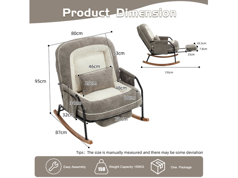 Fauteuil à bascule gris clair avec dossier réglable de 100 à 160°, repose-pieds et poches latérales, pour se détendre - Conforama C