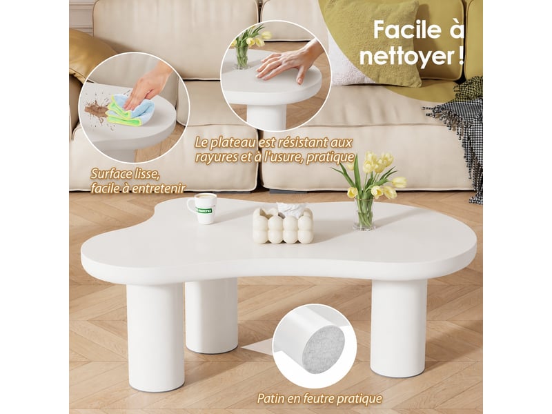  Table basse irrégulière en forme de nuage, plateau en mdf et pieds en pvc, avec patin en feutre, blanc  - Conforama E