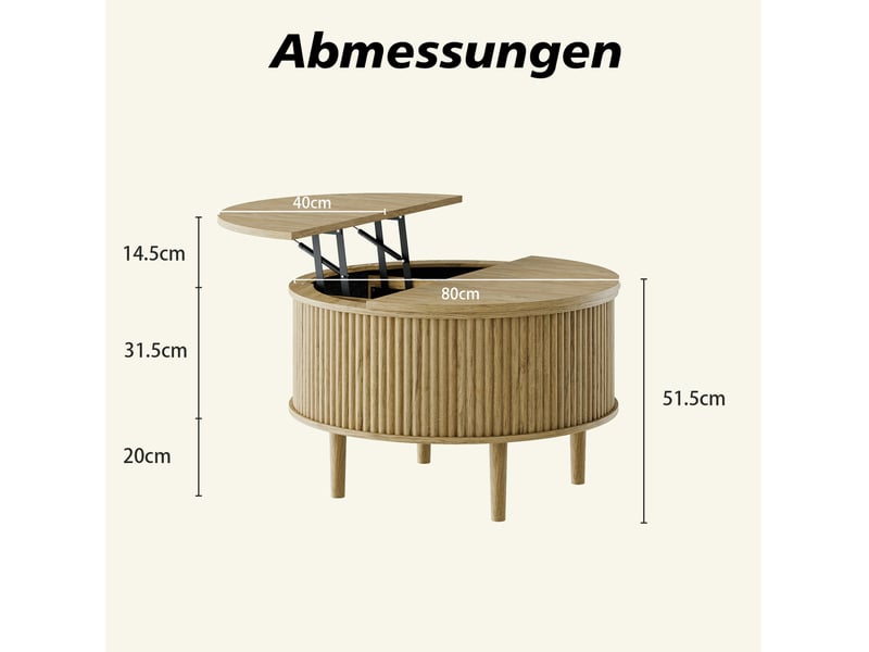  Table basse relevable ronde 80 x 80 x 51,5 cm – naturel – rangement dissimulé et plateau rabattable  - Conforama C