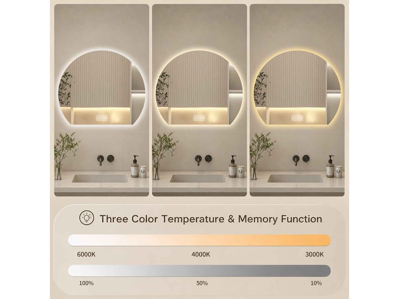 Miroir salle de bain led 50 x 43 cm blanc verre sécurisé demi cercle tactile anti buée 3 couleurs cri supérieur à 90 lavabo coiffeuse - Conforama B