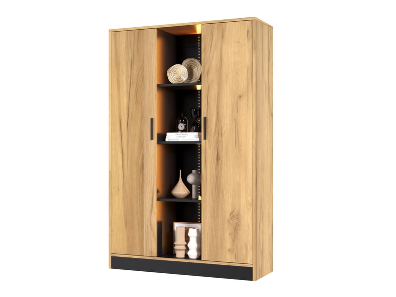 Vitrine bibliothèque 95x35x160 cm avec led, meuble de rangement effet chêne et noir, étagères réglables, pour salon bureau entrée - Conforama D