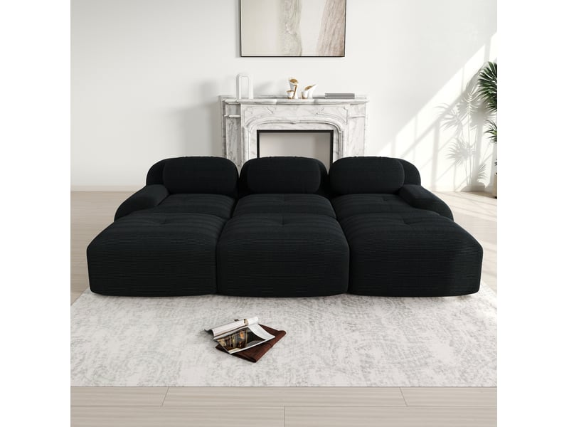  Canapé modulable 3 places noir en velours côtelé avec 3 poufs, sans montage, pour salon et home cinéma  - Conforama E