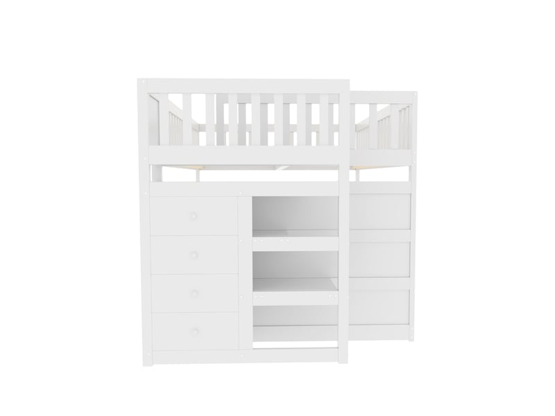  Lit superposé bas 140x200 cm, lit enfant en bois blanc avec escalier sécurisé, 4 tiroirs de rangement et barrière haute.  - Conforama C