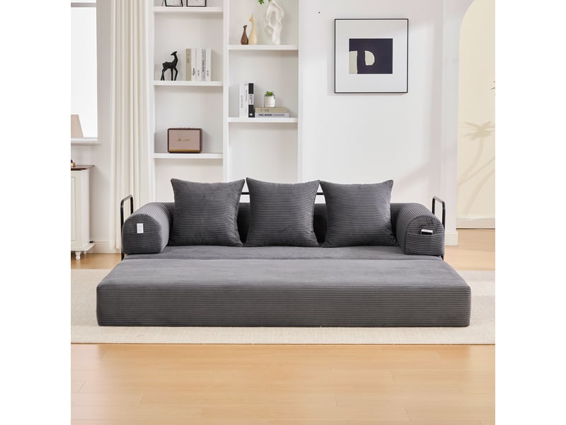  Canapé-lit convertible 3 places canapé au sol canapé modulable canapé compressé en velours côtelé avec cadre en métal, gris foncé  - Conforama E