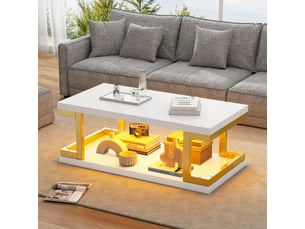 Table basse rectangulaire avec éclairage led, 100x50 cm, 2 niveaux de rangement, mdf et métal, blanc et or