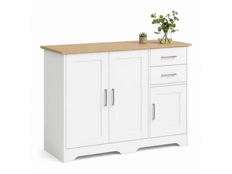  Meuble console 100x40x78 cm avec 2 tiroirs,2 placards,étagère réglable,mdf et panneaux de particules,blanc et bois naturel,entrée  - Conforama A