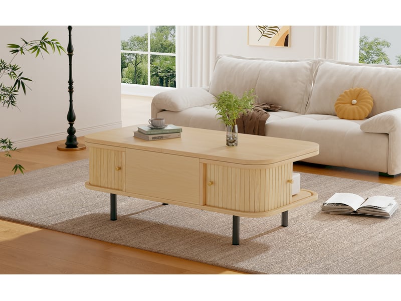  Table basse avec plateau relevable hydraulique 101 x 51 x 52,5 cm, 2 portes à rideau, mdf plaqué bois, coloris naturel  - Conforama D