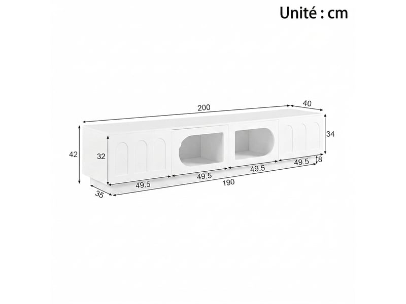 Meuble tv noir 200 cm avec led contrôlée par app et portes en verre ovale - Conforama D