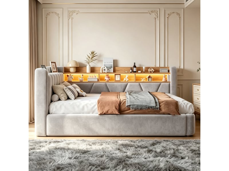  Lit banquette coffre 90 × 200 cm en velours gris, led et usb IKSETERA TRADING LTD - Conforama E
